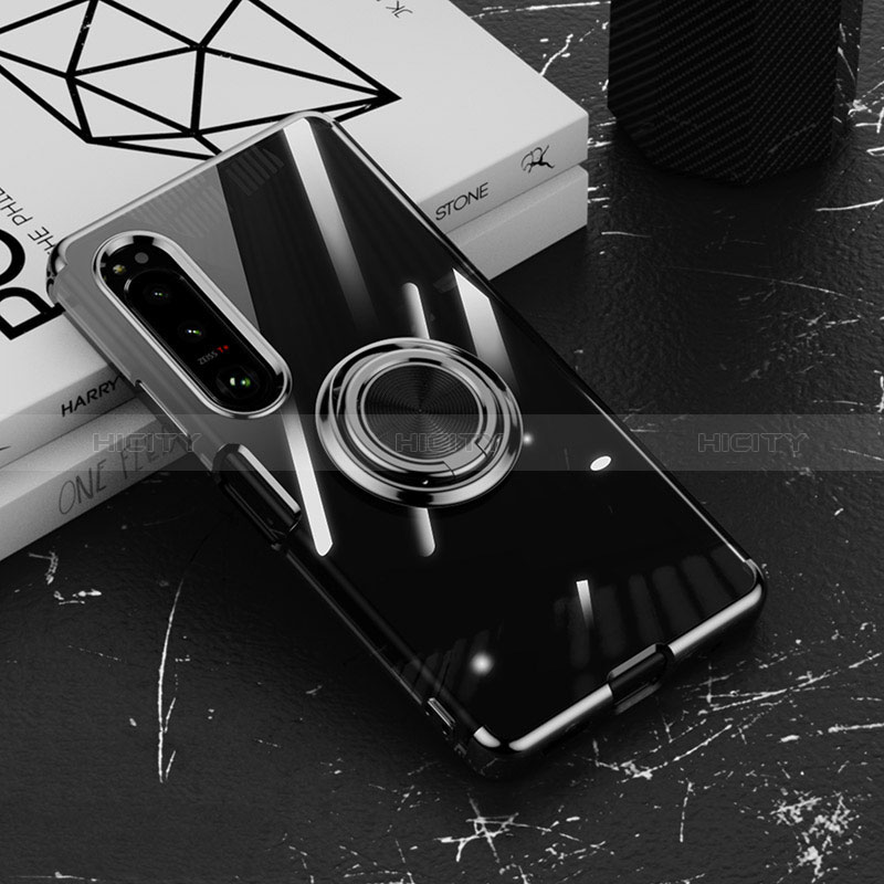 Sony Xperia 1 IV SO-51C用極薄ソフトケース シリコンケース 耐衝撃 全面保護 クリア透明 アンド指輪 マグネット式 ソニー ブラック