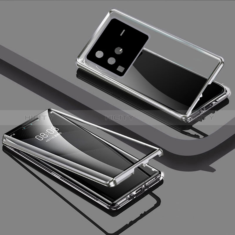 Vivo X80 Pro 5G用ケース 高級感 手触り良い アルミメタル 製の金属製 360度 フルカバーバンパー 鏡面 カバー P01 Vivo シルバー