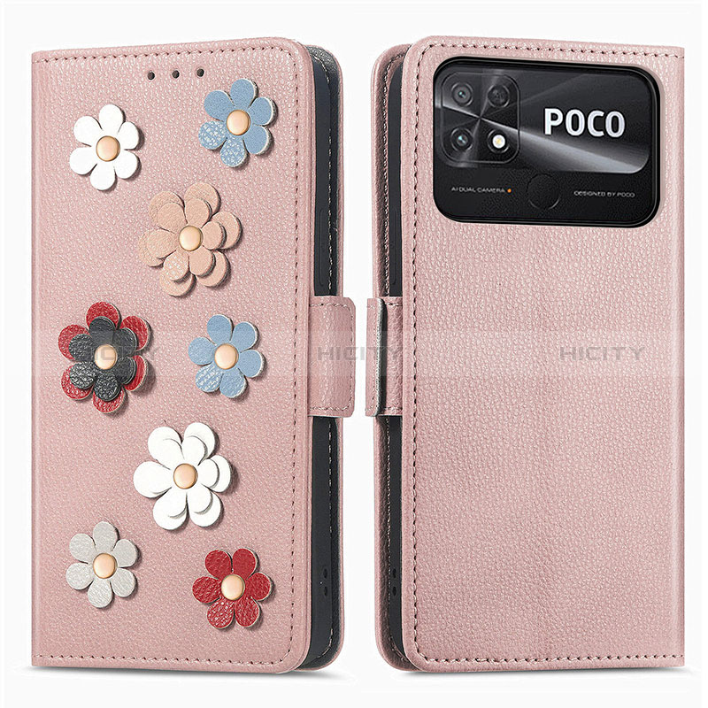 Xiaomi Poco C40用手帳型 レザーケース スタンド 花 カバー S02D Xiaomi ローズゴールド