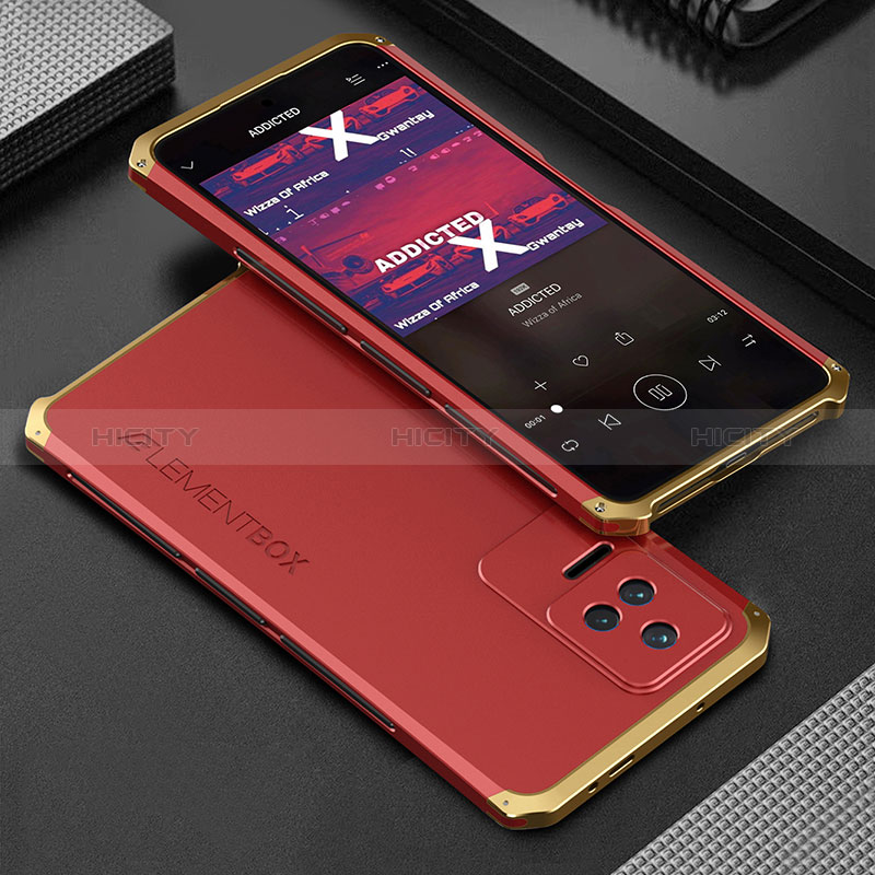 Xiaomi Poco F4 5G用360度 フルカバー ケース 高級感 手触り良い アルミメタル 製の金属製 Xiaomi ゴールド・レッド