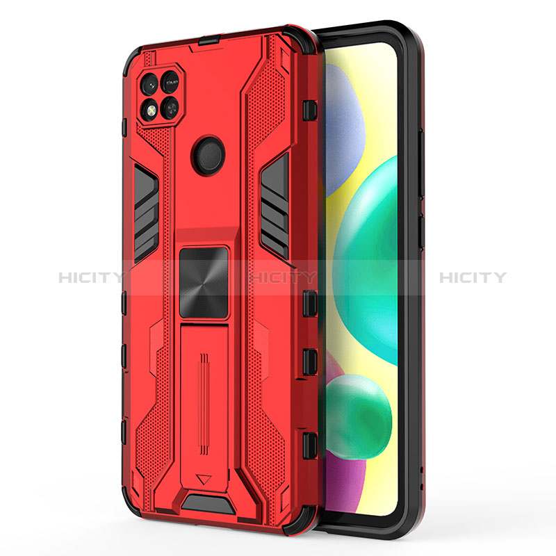 Xiaomi Redmi 9C NFC用ハイブリットバンパーケース スタンド プラスチック 兼シリコーン カバー マグネット式 KC2 Xiaomi レッド